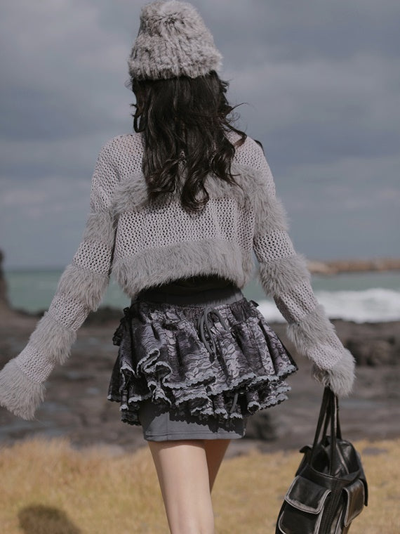 Fluffy Cropped Sweater & Imitation Fur Scarf