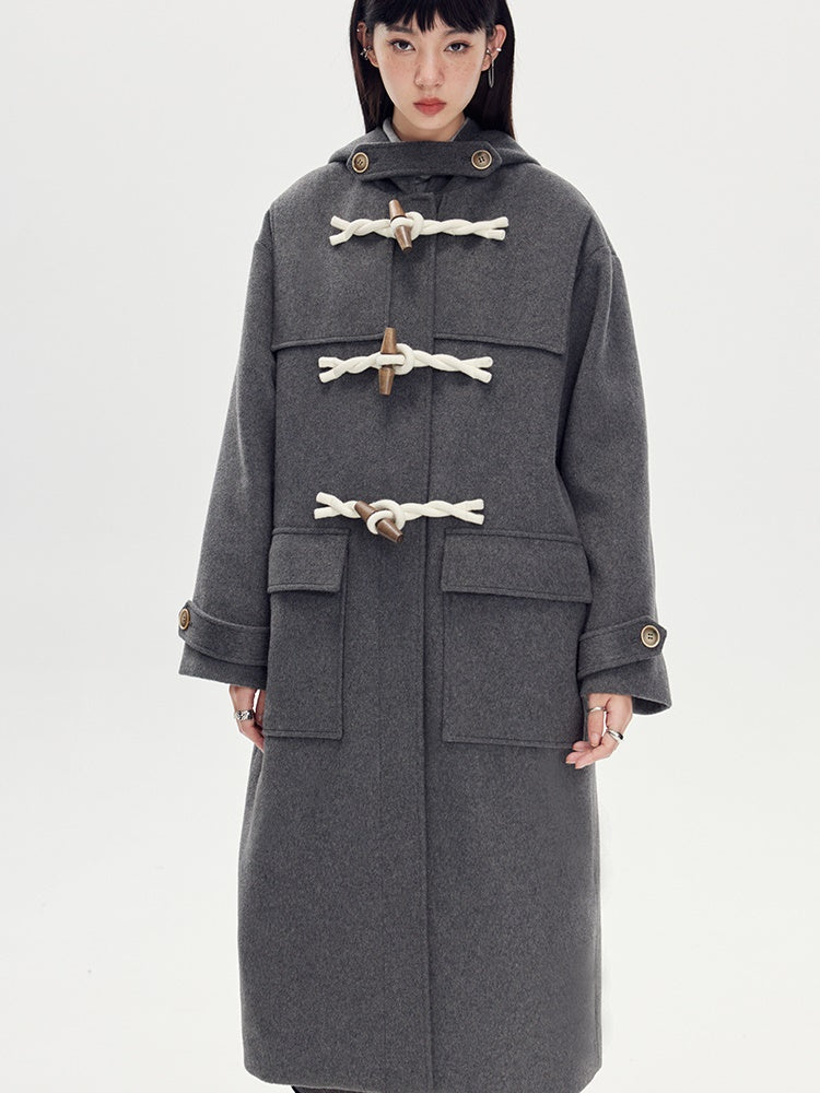 Horn Buckle Hooded Long Woolen Coat