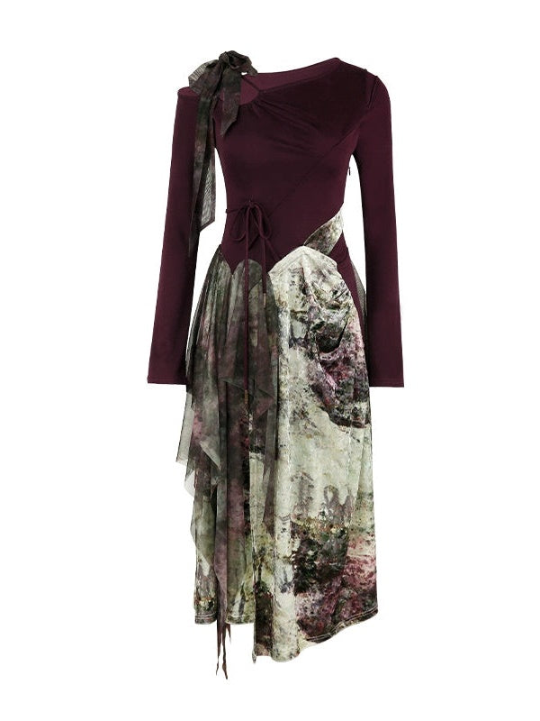 One-Shoulder Switching Forest Dress ＆ Velvet Cape