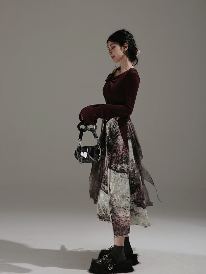 One-Shoulder Switching Forest Dress ＆ Velvet Cape