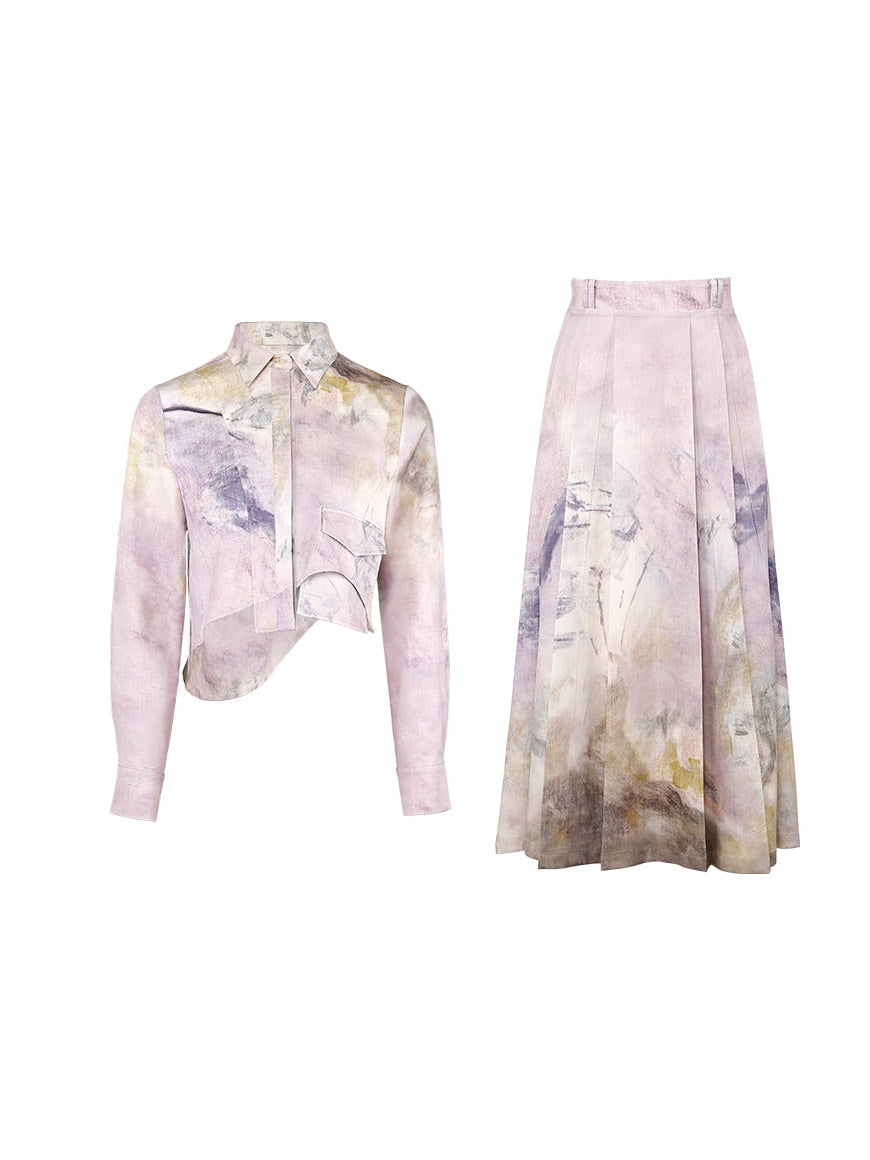 Sakura Oil Painting Printing Shirt & Pleated Skirt