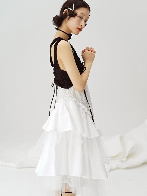 Black And White Irregular Suspender Dress