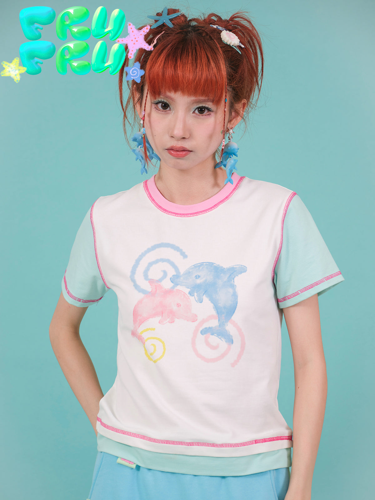 Contrast Color Dolphin Illustration Short T-shirt