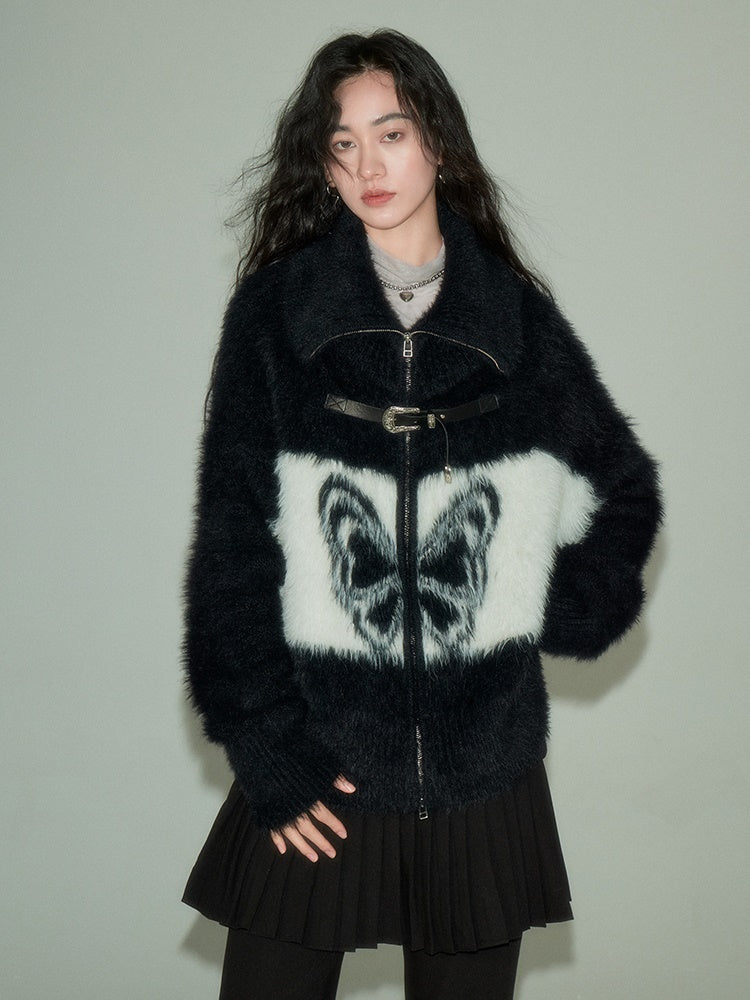 Butterfly Pattern Imitation Mink Knitted Cardigan