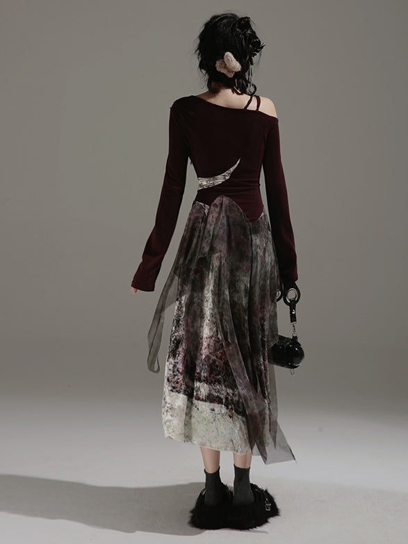 One-Shoulder Switching Forest Dress ＆ Velvet Cape