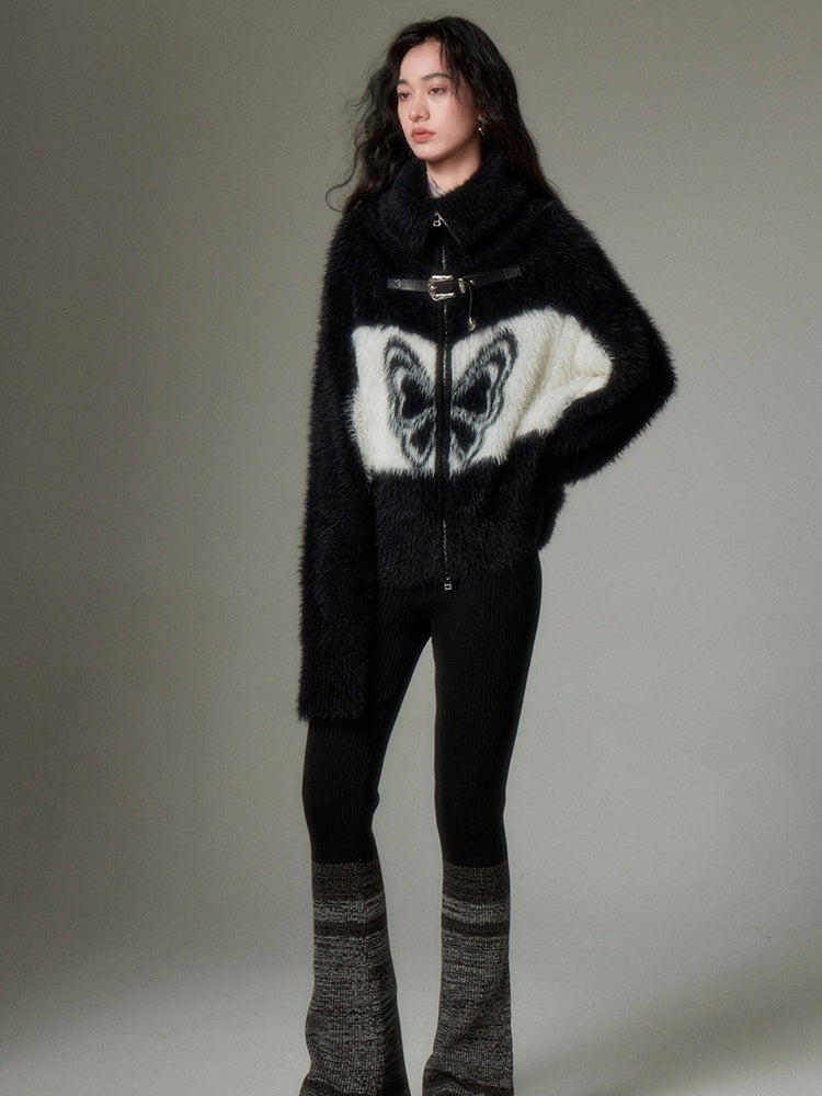 Butterfly Pattern Imitation Mink Knitted Cardigan