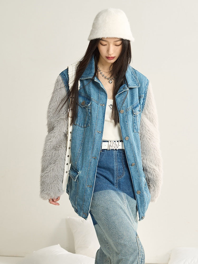 Denim Stitching Fur Jacket