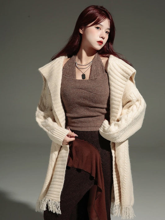 Loose Large Lapel Twist Long Knitted Jacket