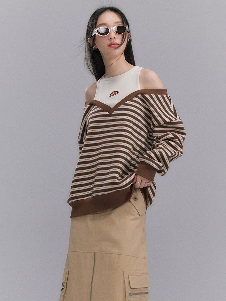 Striped Cut-Shoulder V-neck Pullover