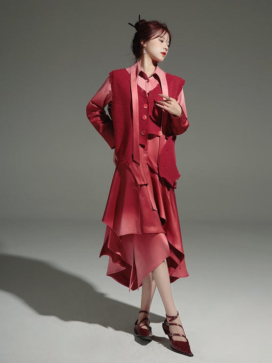 Gradation Detachable 2way Shirt Dress ＆ Knitted Vest