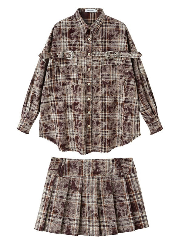 Plaid Loose Long Sleeve Shirt ＆ Pleated Skirt