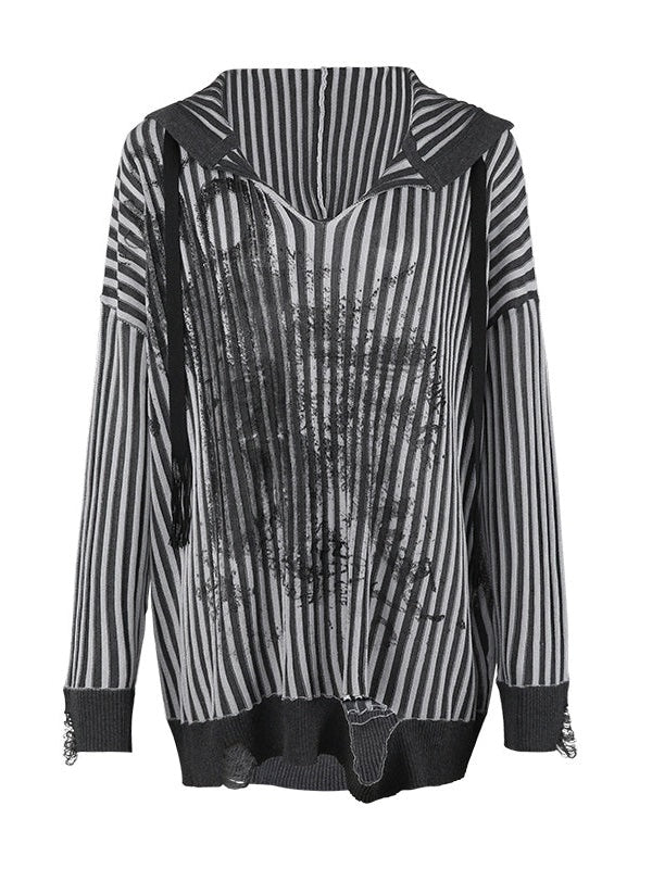 Graffiti Striped Loose Knitted Hoodie