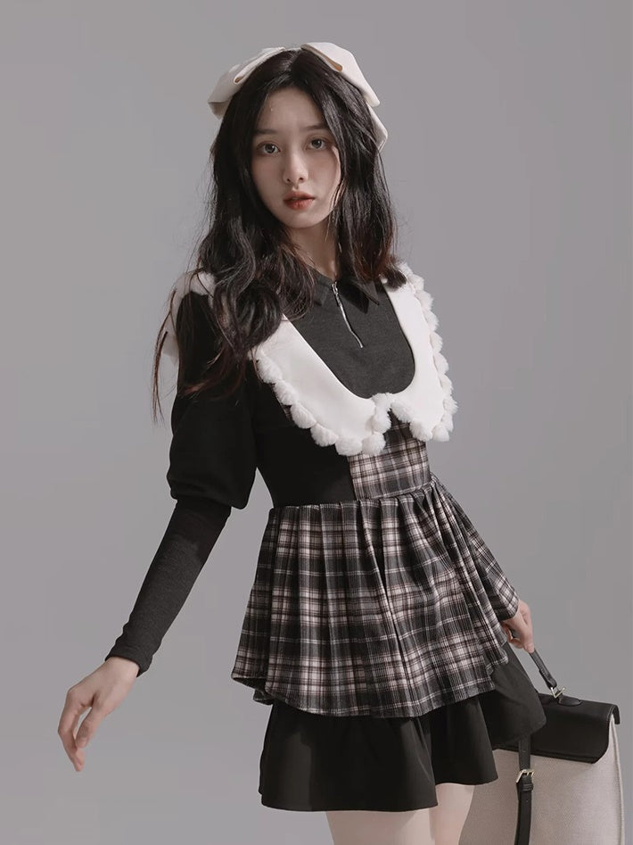 Fake Two Doll Collar Wool Plaid Dress