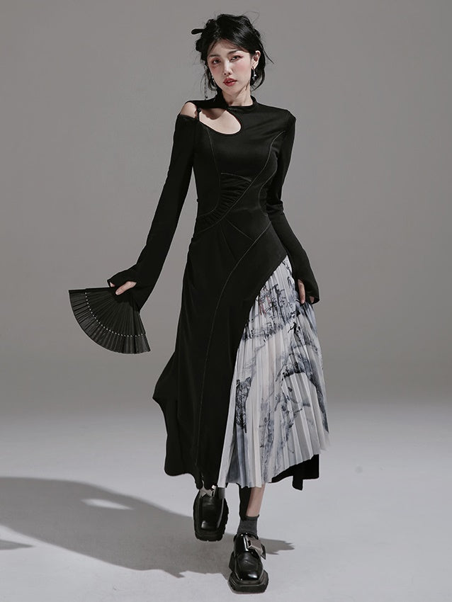 Chinese Ink Pleated Skirt & Shawl & Asymmetry Design Top