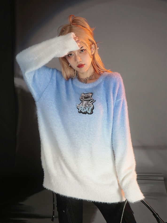 Gradient Embroidered Cat Sweater