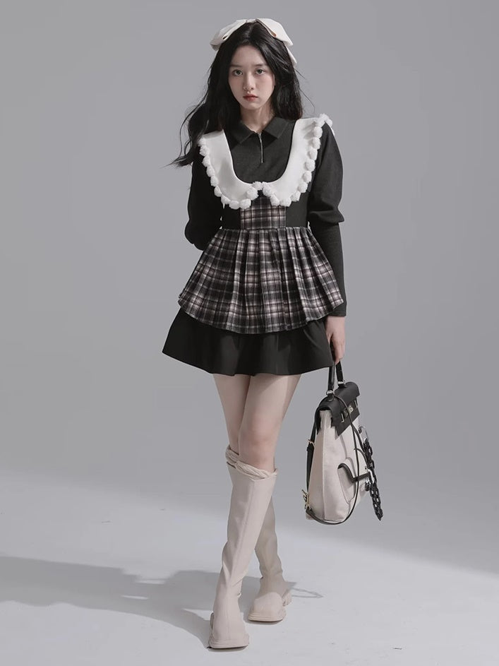 Fake Two Doll Collar Wool Plaid Dress