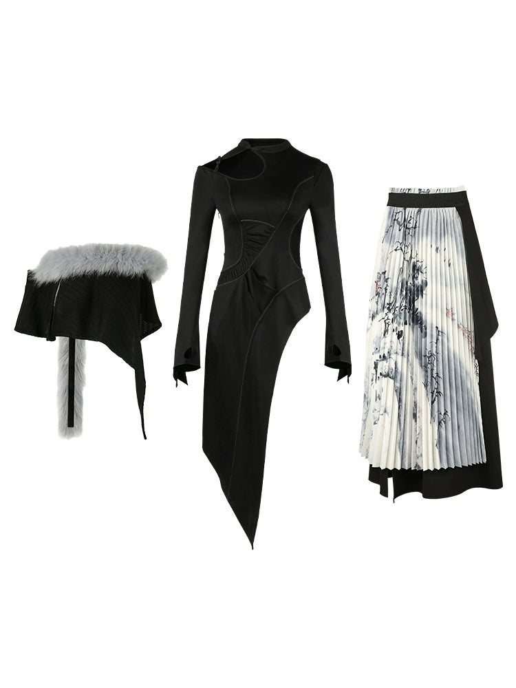 Chinese Ink Pleated Skirt & Shawl & Asymmetry Design Top