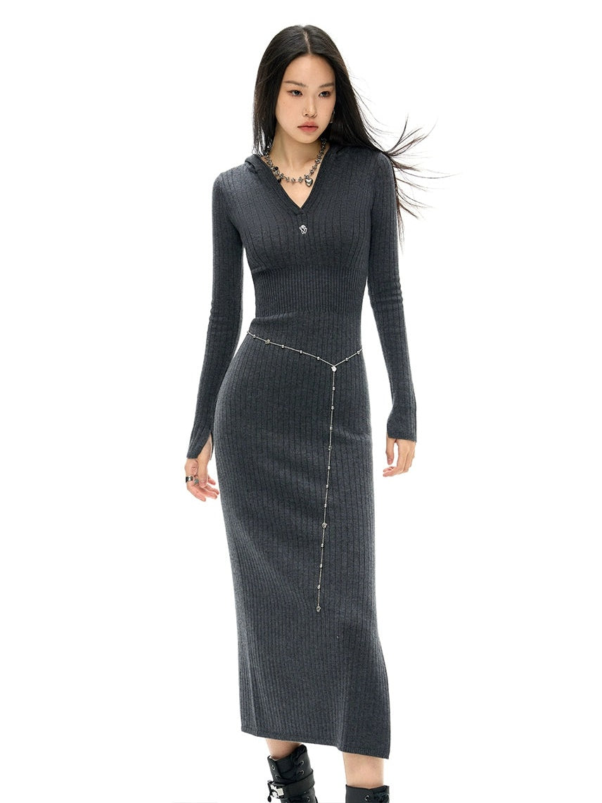 Slim Fit Hooded Knitted Long-sleeved Dress