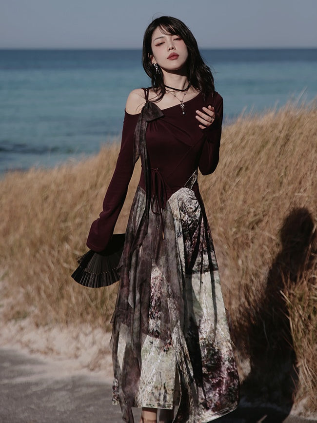 One-Shoulder Switching Forest Dress ＆ Velvet Cape