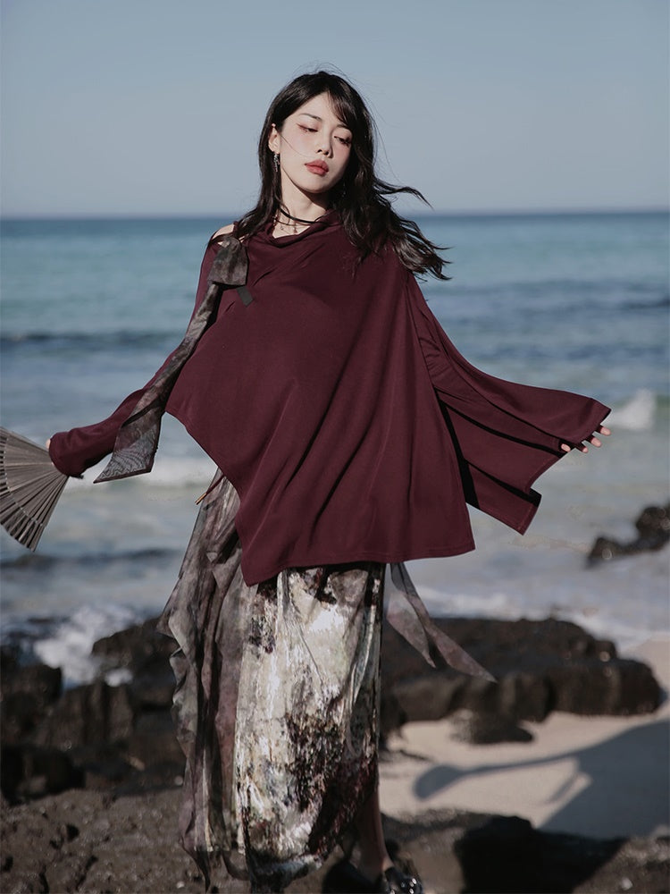 One-Shoulder Switching Forest Dress ＆ Velvet Cape