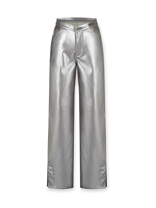 V-shaped High Waist Metallic Leather Pants