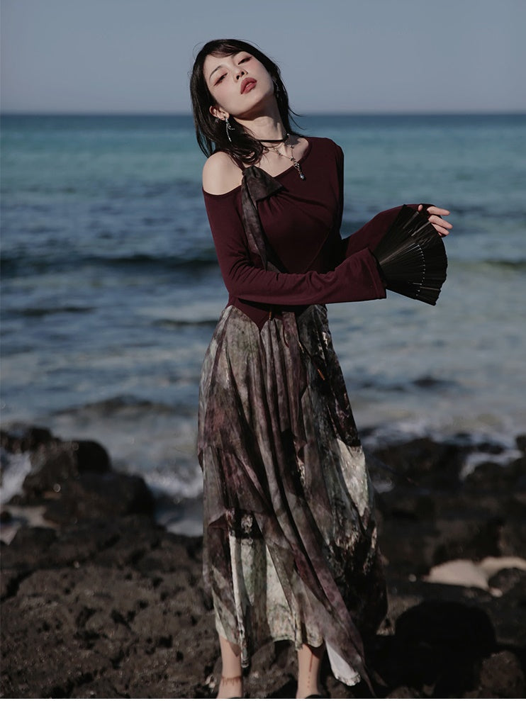 One-Shoulder Switching Forest Dress ＆ Velvet Cape