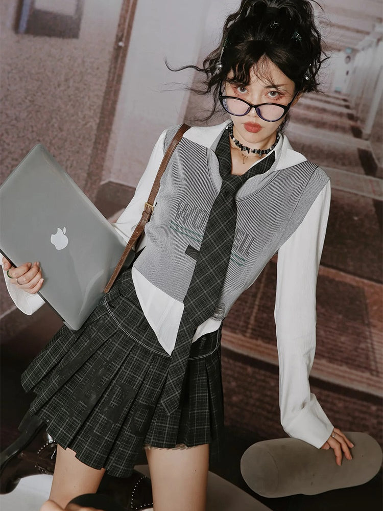 College British Style Shirt ＆＆Vest & Pleated Culottes ＆ Jacket