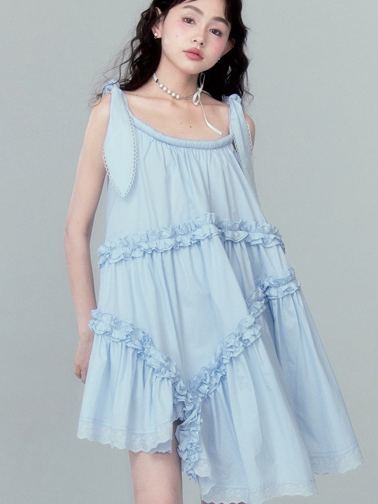 Lotus Leaf Lace Strap Irregular Frill Dress