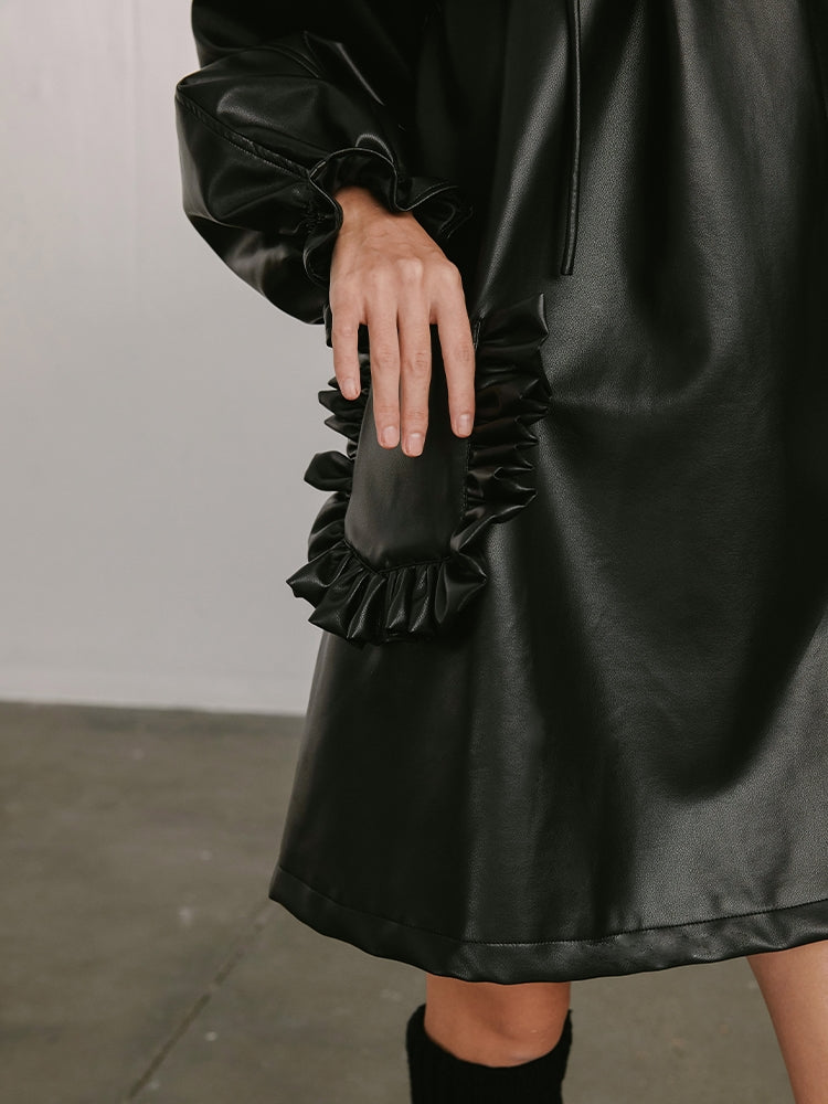 Leather Square Neck Ruffle Doll Dress