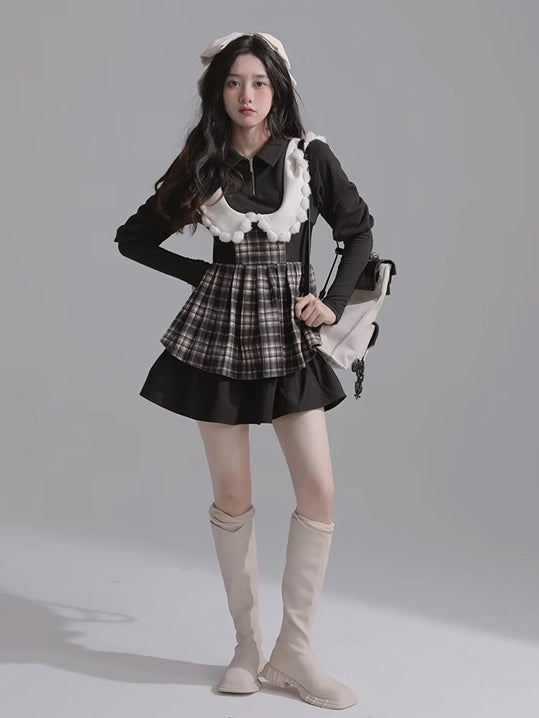 Fake Two Doll Collar Wool Plaid Dress