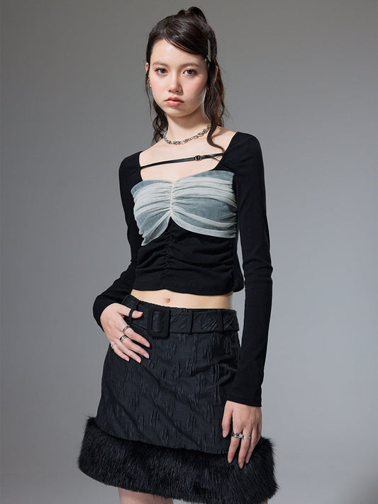 Mesh Stitching Smocked Bottoming Shirt