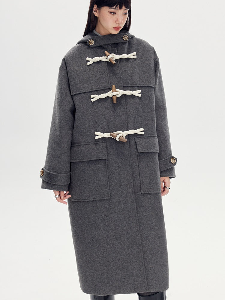 Horn Buckle Hooded Long Woolen Coat