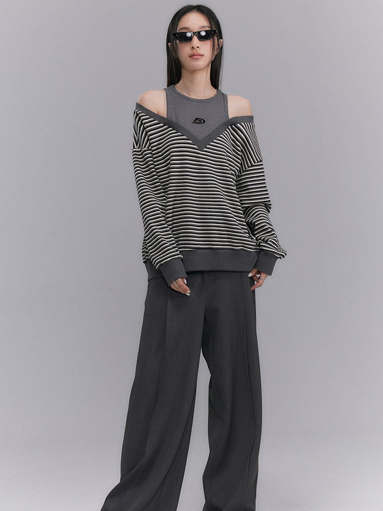 Striped Cut-Shoulder V-neck Pullover