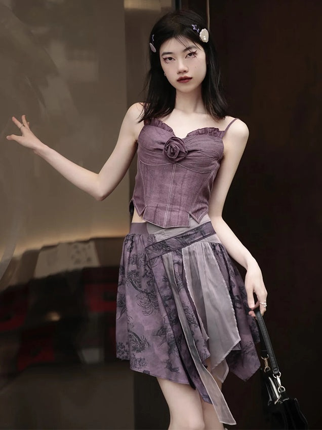 Chinese Style Short Top ＆ Irregular Hem Skirt ＆ Camisole ＆ Cropped Sheer Cardigan