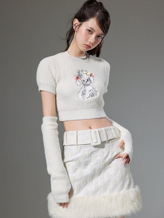 Puppy Embroidered Short Sleeve Knit Sweater