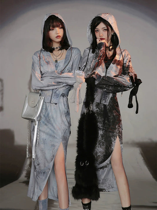 Graffiti Print Parka ＆ Camisole Set ＆ Cutout Pants ＆ Slit Skirt