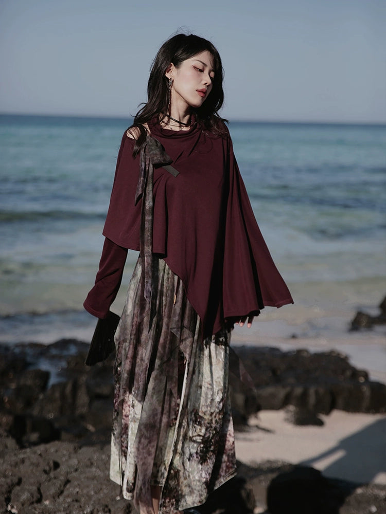 One-Shoulder Switching Forest Dress ＆ Velvet Cape