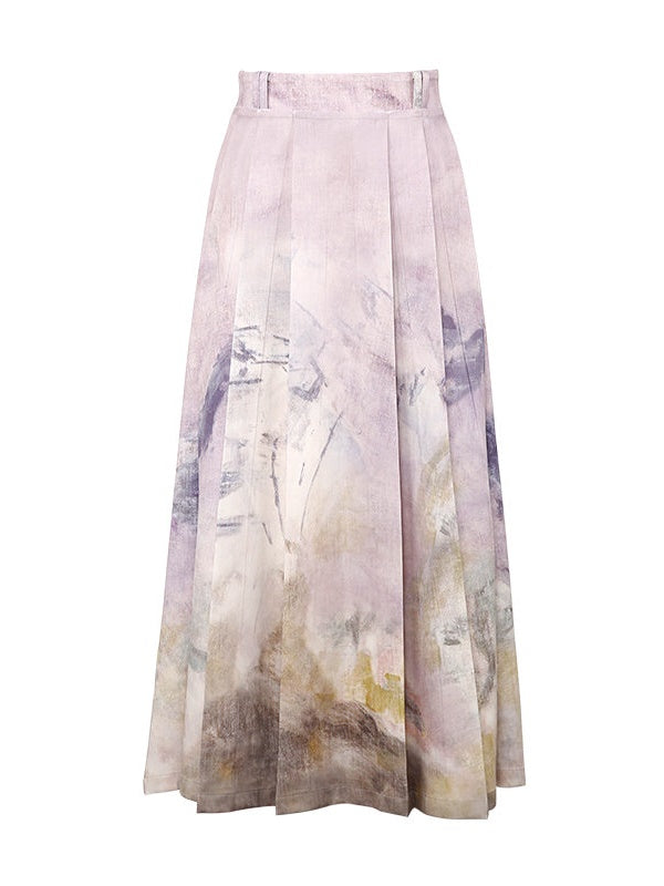 Sakura Oil Painting Printing Shirt & Pleated Skirt