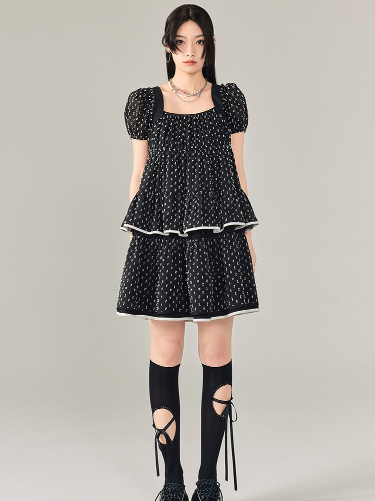 Puff Sleeves Polka Dot Short Dress