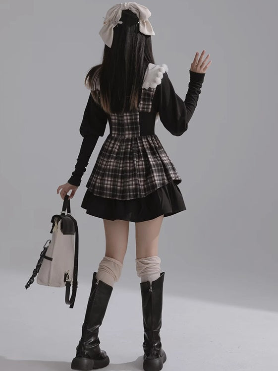 Fake Two Doll Collar Wool Plaid Dress