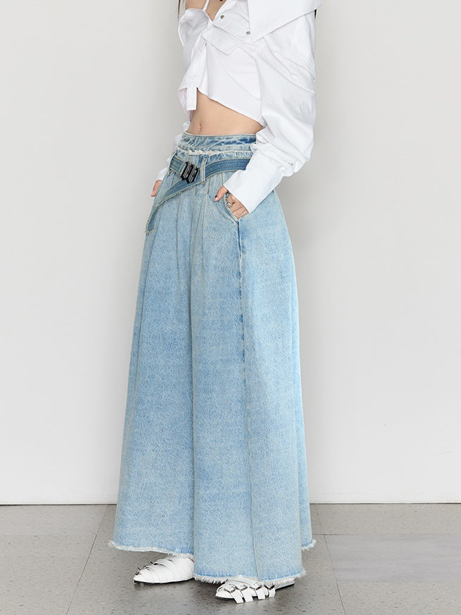 Large Pleated Washed Denim Skirt