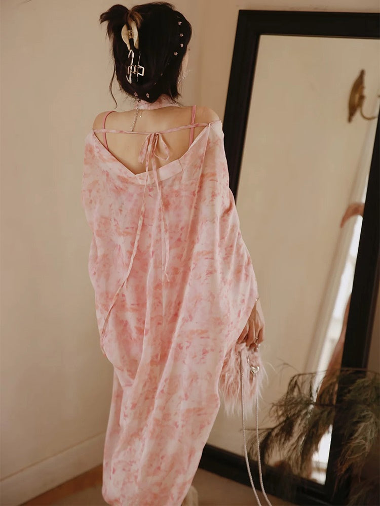 Floral National Style Shawl Dress & Inner One-piece Set-up