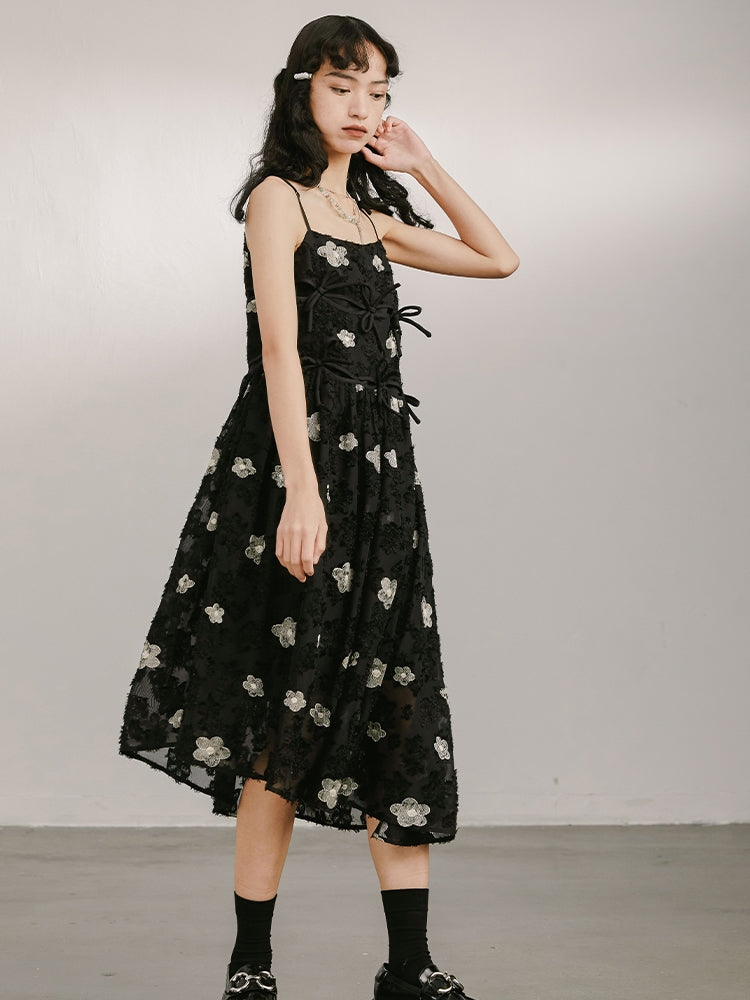 Bow Tie Irregular Sling Midi Embroidered Dress