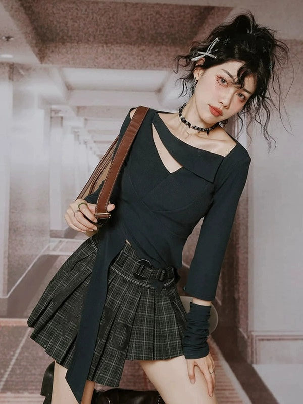 Lace Asymmetry Suspender Skirt & Cut-out Slimming Top