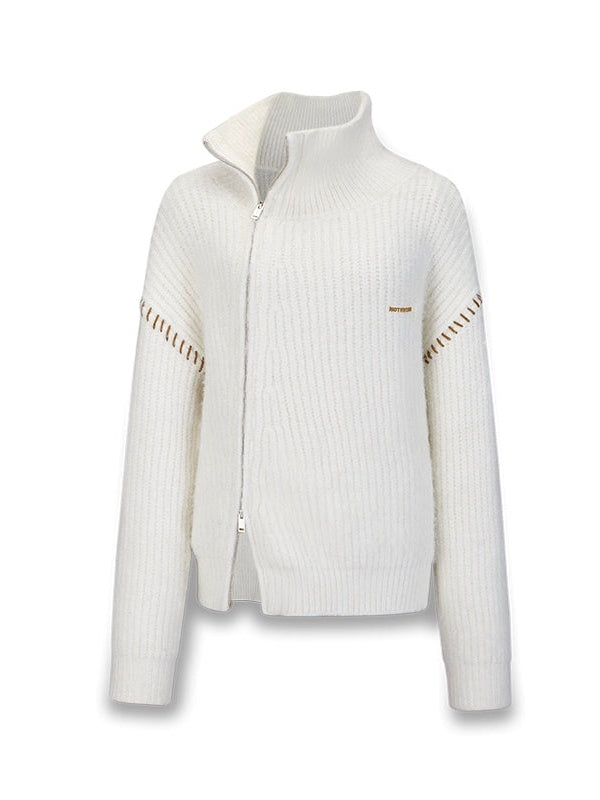 Slant ZIP-Up High Neck Knitted Jacket