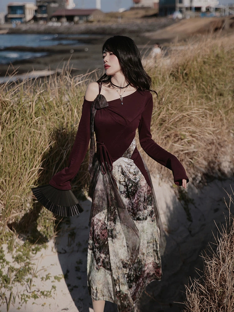 One-Shoulder Switching Forest Dress ＆ Velvet Cape