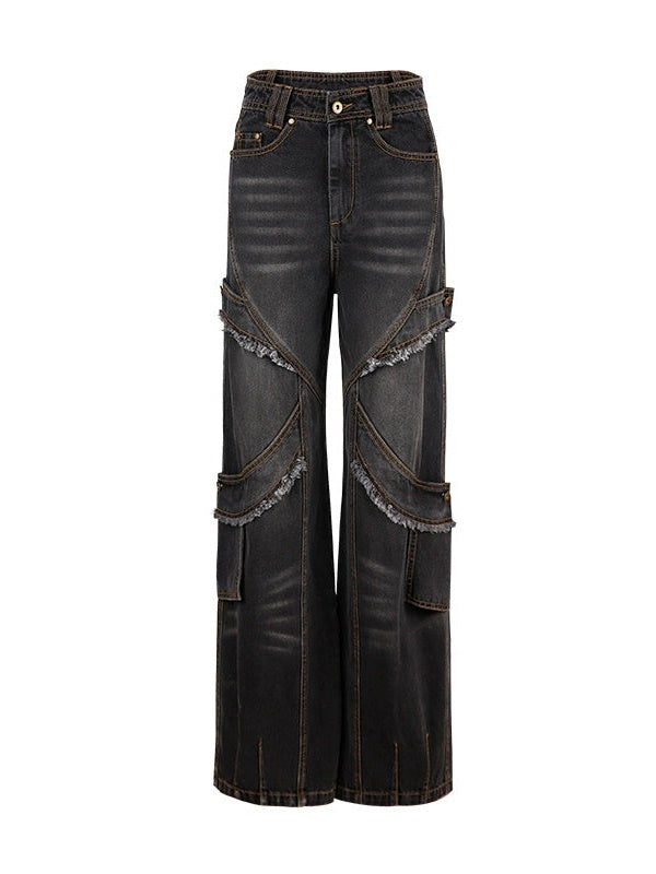 Distressed Strap Denim Straight Pants