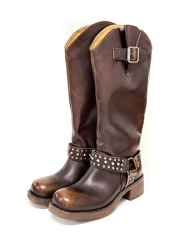 Rivet Square-toe High Boots