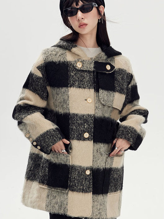 Retro Plaid Wool Hooded Coat