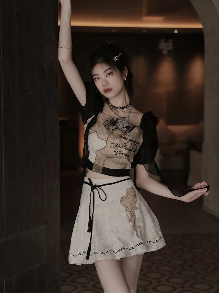 European-style Lace Embroidery Top ＆ Pleat Skirt